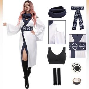 White and Navy Cosplay Kimono with Scarf